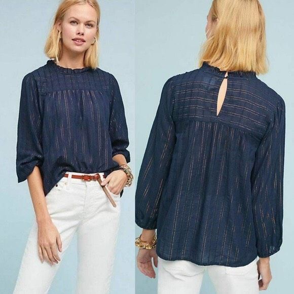 Maeve Womens Reston Metallic Striped Top Blue  Small - Picture 1 of 12